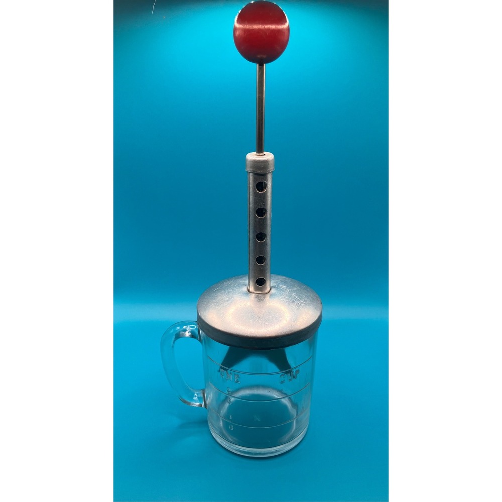 Hazel-Atlas Vintage Hand Mixer 1 Cup Glass Measuring Jar Red Knob Manual Beater